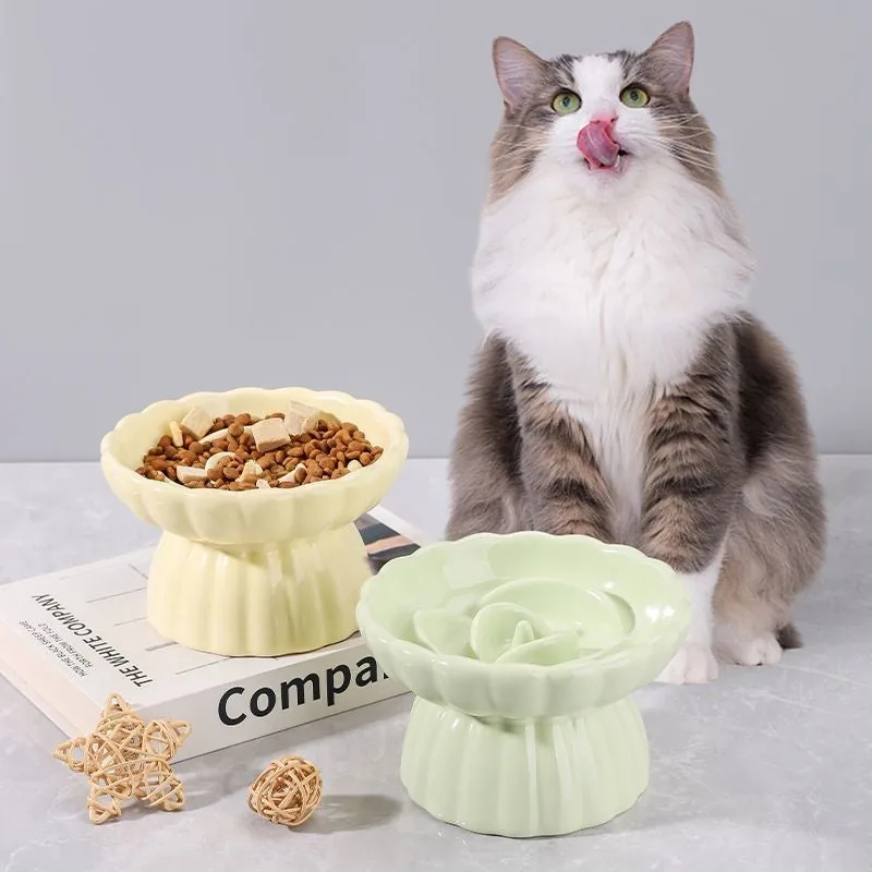 Petal Path Elevated Ceramic Slow Feeder Cat Bowl