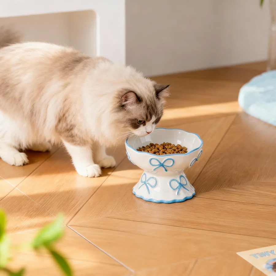 Cloud Step Elevated Ceramic Cat Bowl in a natural home feeding scene