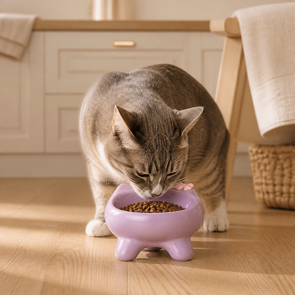 Petal Paw Ceramic Cat Bowl in a natural home feeding scene