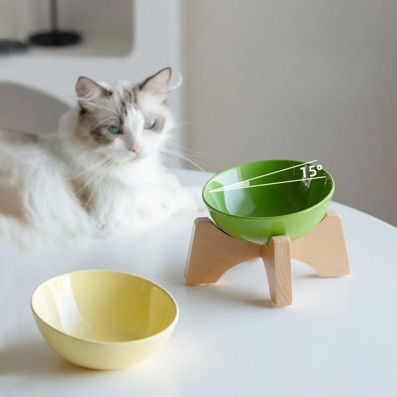 Tilted Grove Ceramic Cat Bowl with Beech Stand detail 2