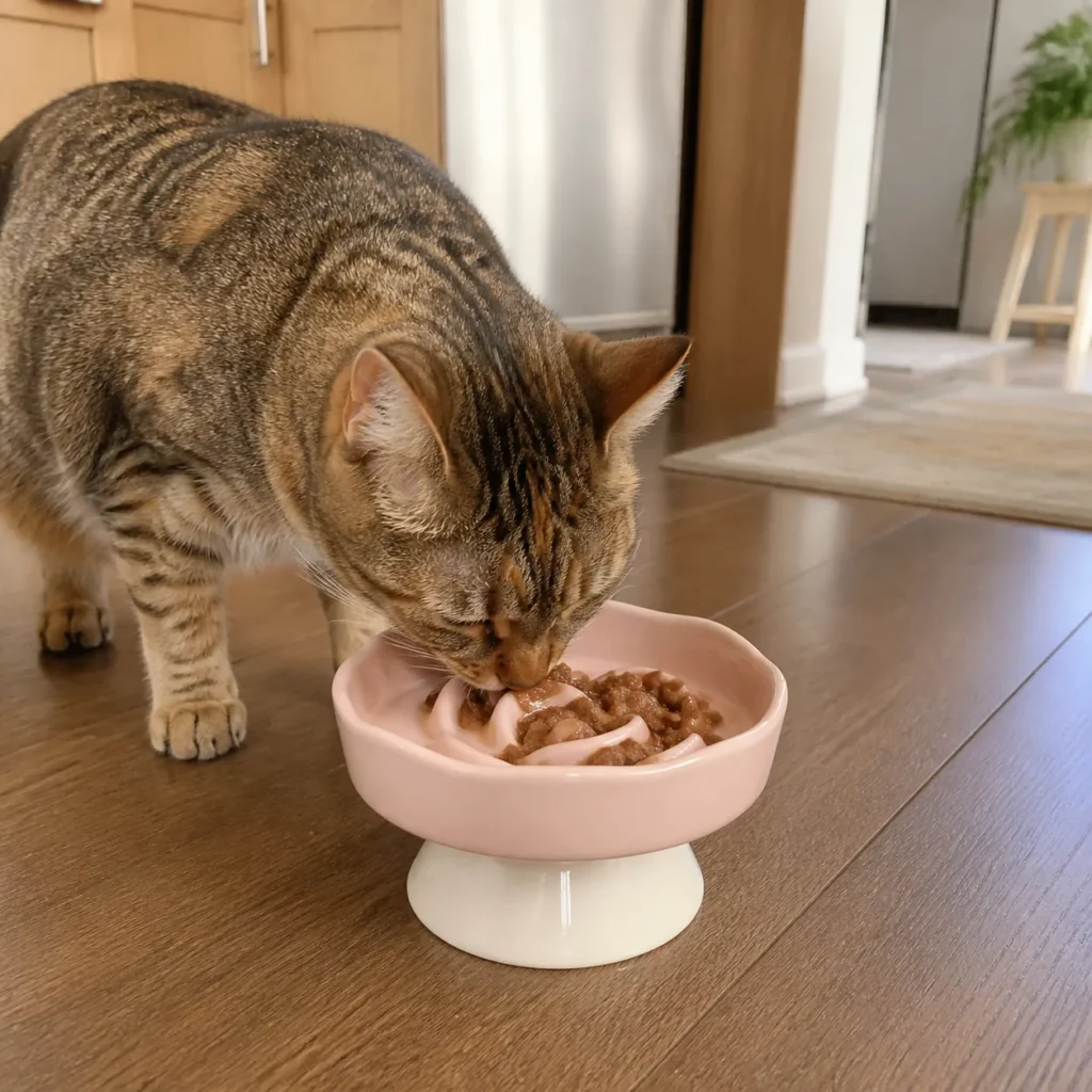 Bloom Path Ceramic Slow Feeder Cat Bowl in a natural home feeding scene