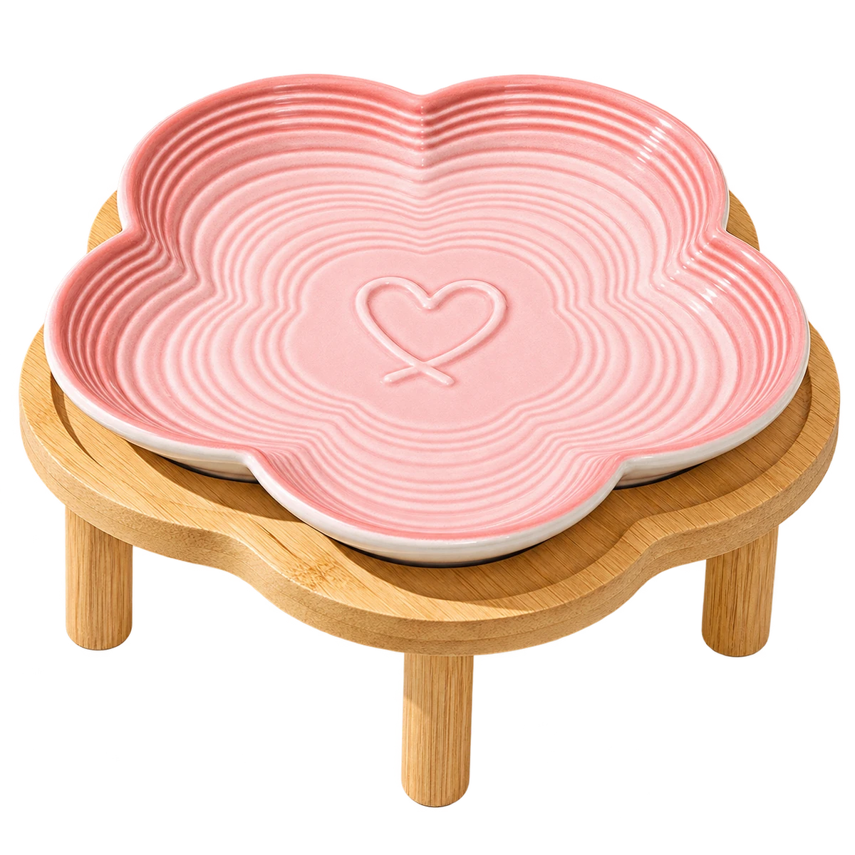 Petal Plate Ceramic Dog Bowl with Bamboo Stand