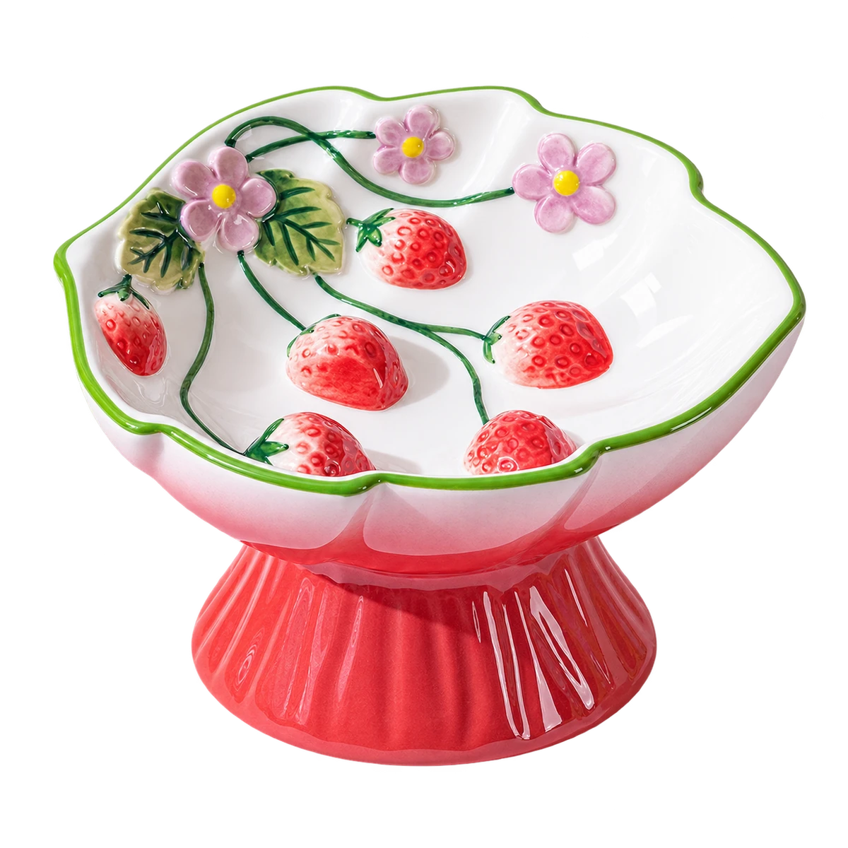 Strawberry Meadow Elevated Ceramic Slow Feeder Dog Bowl