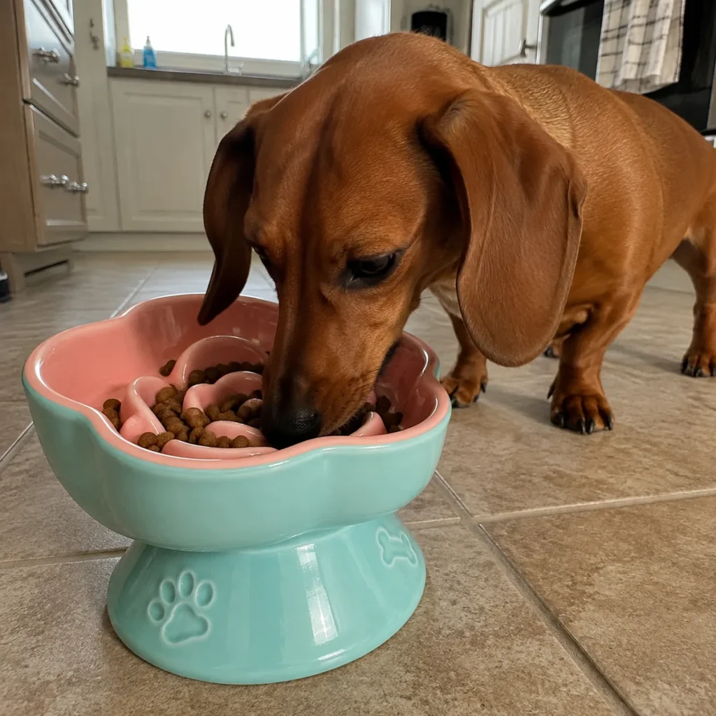 Bloom Spiral Raised Ceramic Slow Feeder Dog Bowl in an everyday feeding scene