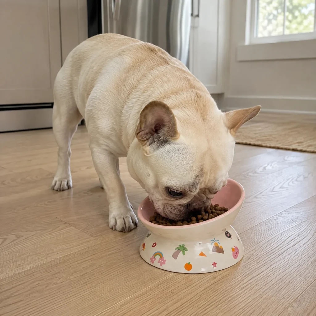 Orbit Print Elevated Ceramic Dog Bowl in an everyday feeding scene