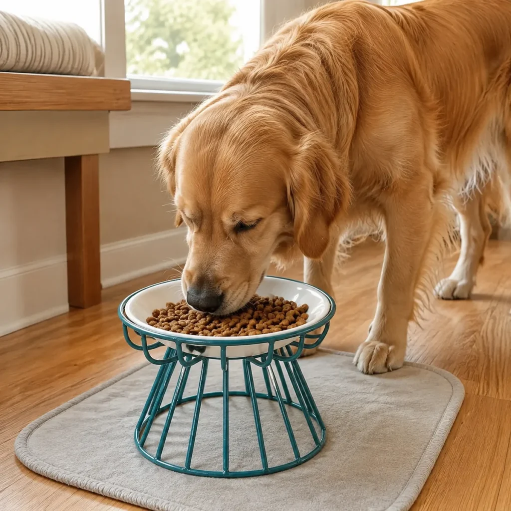 Paw Mark Ceramic Dog Bowl with Metal Stand in an everyday feeding scene