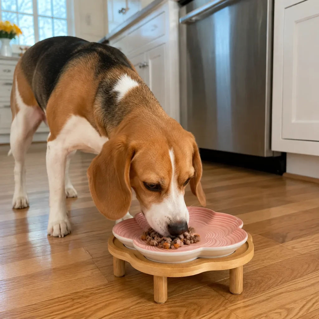 Petal Plate Ceramic Dog Bowl with Bamboo Stand in an everyday feeding scene