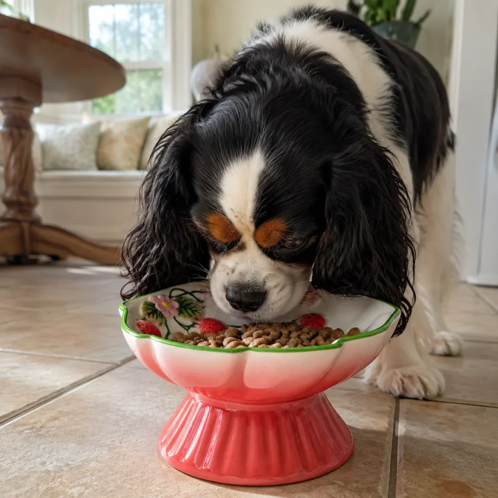 Strawberry Meadow Elevated Ceramic Slow Feeder Dog Bowl in a natural home feeding scene