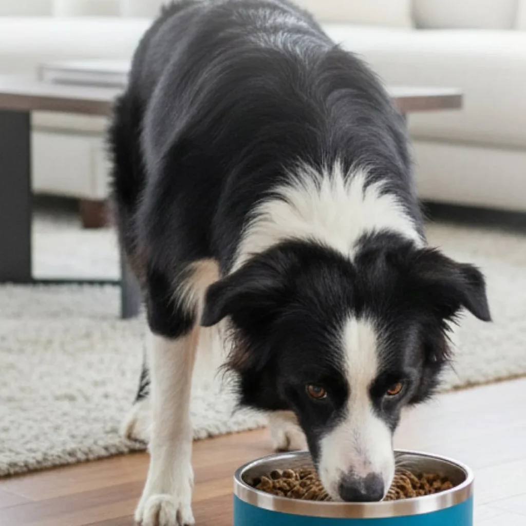 Summit Puzzle Stainless Steel Dog Bowl, 64 oz in a natural home feeding scene