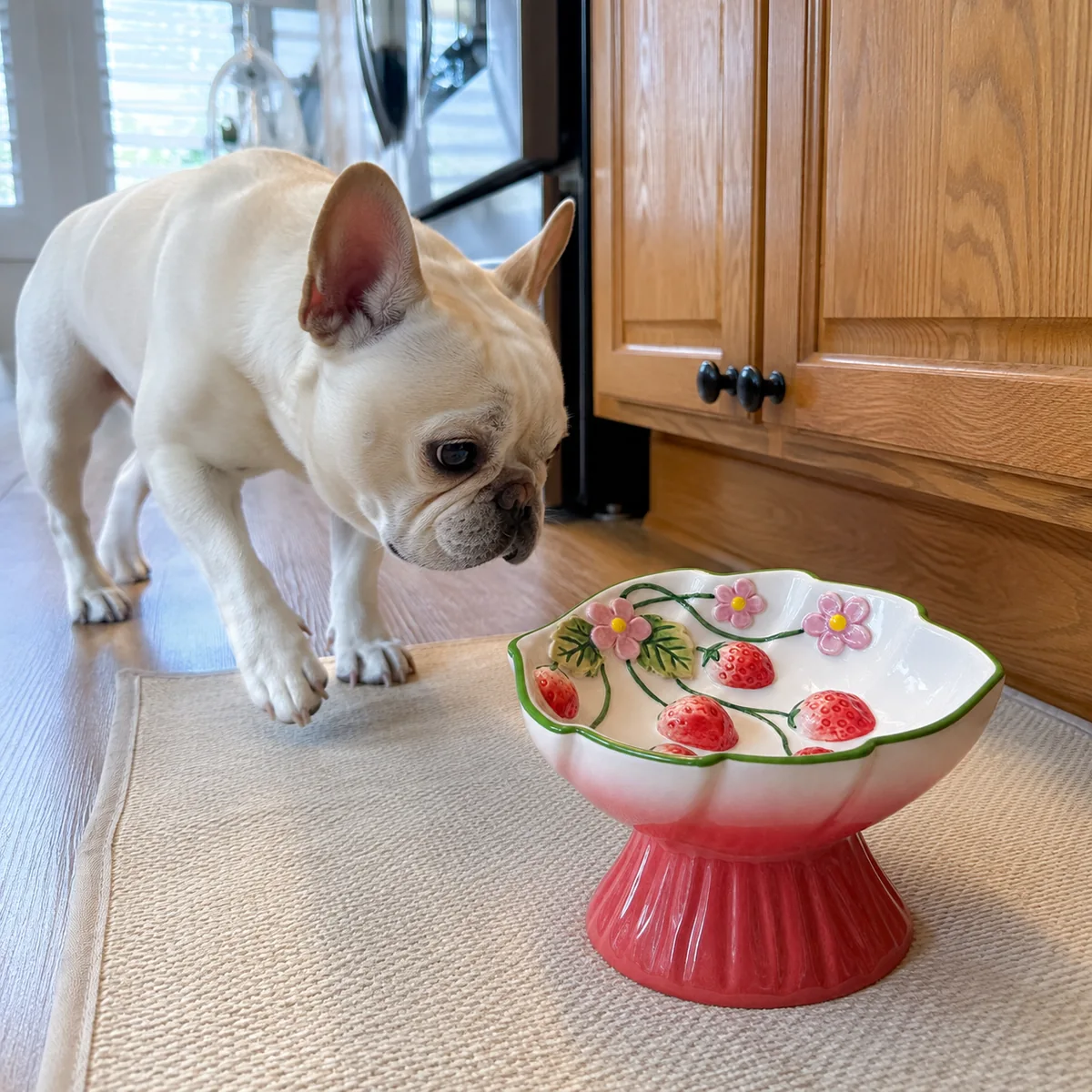 Strawberry Meadow Elevated Ceramic Slow Feeder Dog Bowl detail 2
