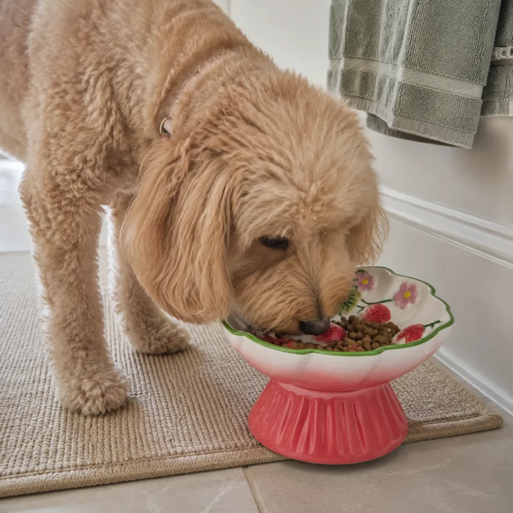 Strawberry Meadow Elevated Ceramic Slow Feeder Dog Bowl in a natural home feeding scene
