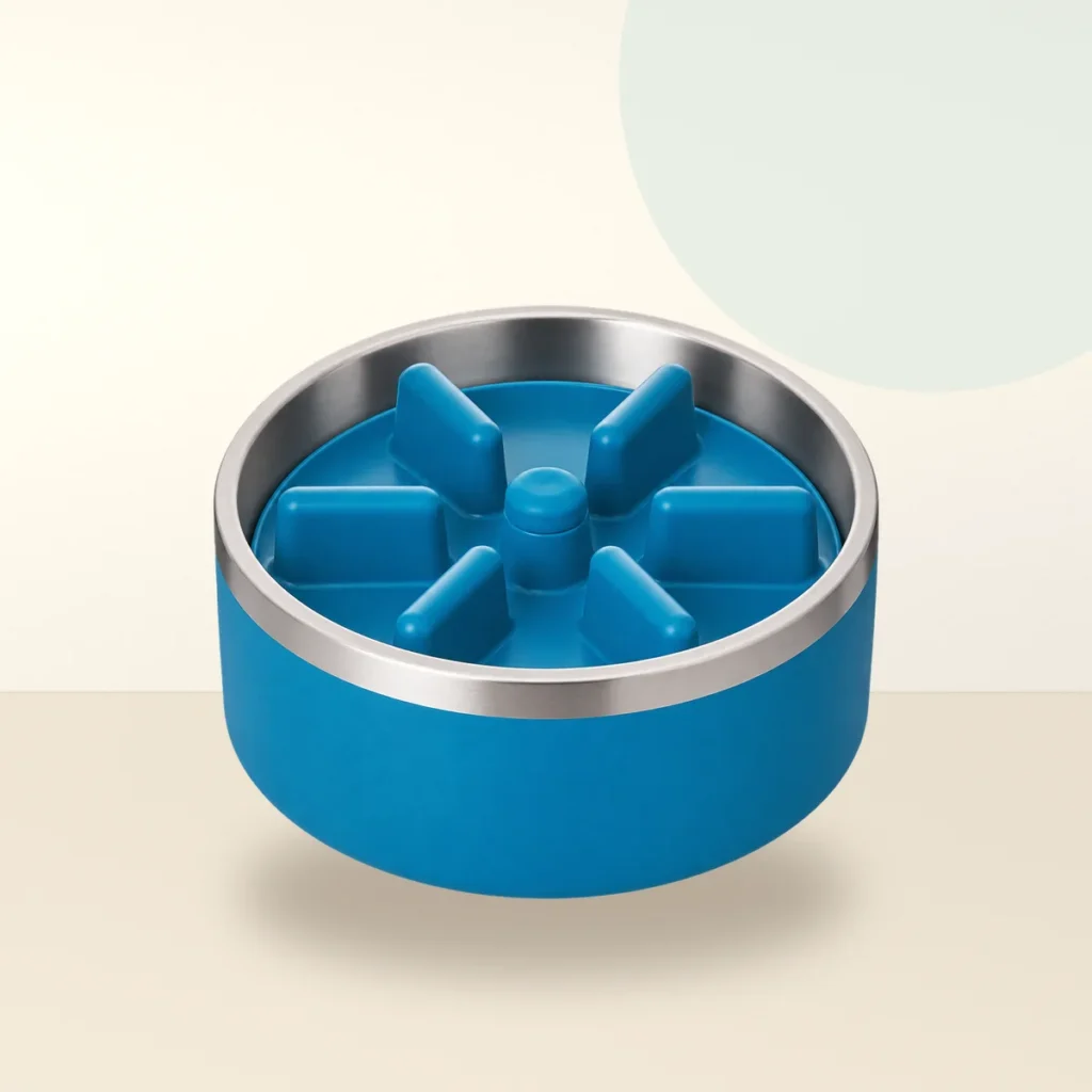 Summit Puzzle Stainless Steel Dog Bowl, 64 oz in a natural home feeding scene
