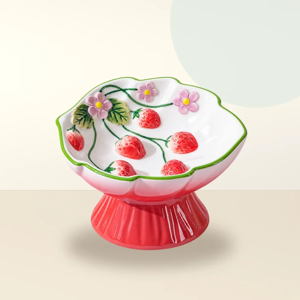 Strawberry Meadow Elevated Ceramic Slow Feeder Dog Bowl in a natural home feeding scene